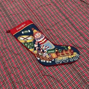 Needlepoint Christmas Stocking train toys drum candy Jack in the box Velvet Back